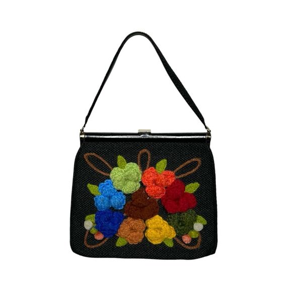 Vintage Handbags - Vintage Julius Resnick 1960s Crochet Floral Applique Black Burlap Handbag Purse